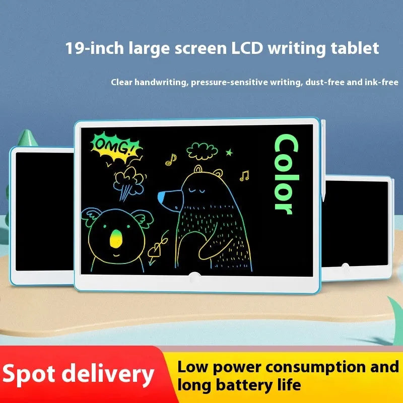 19-inch blue and white rechargeable LCD children's drawing board with stylus on a table