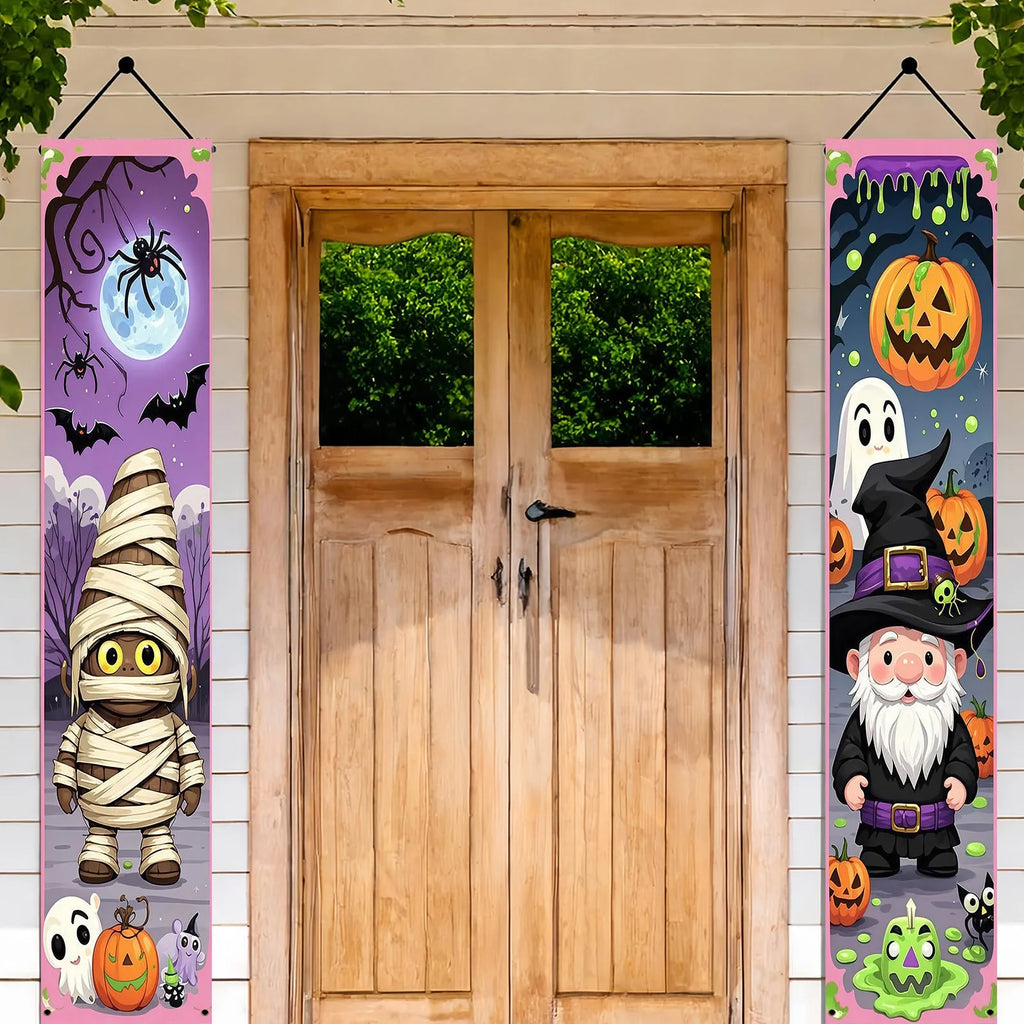 Pair of polyester Halloween couplet hanging flags, each 30x180cm, printed with traditional design