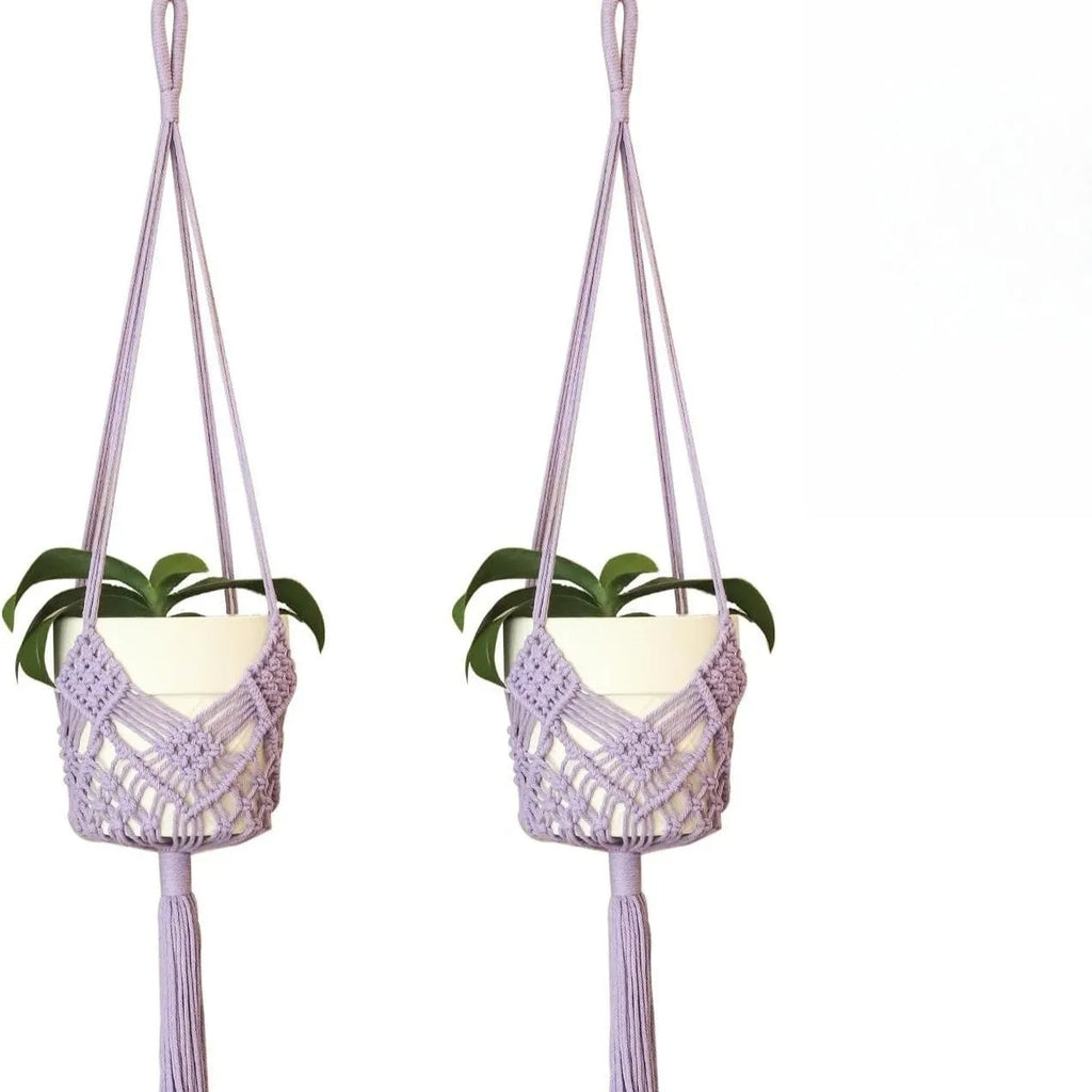 Hand-woven minimalist flower pot in a neutral colour with a woven net pocket extension cord.