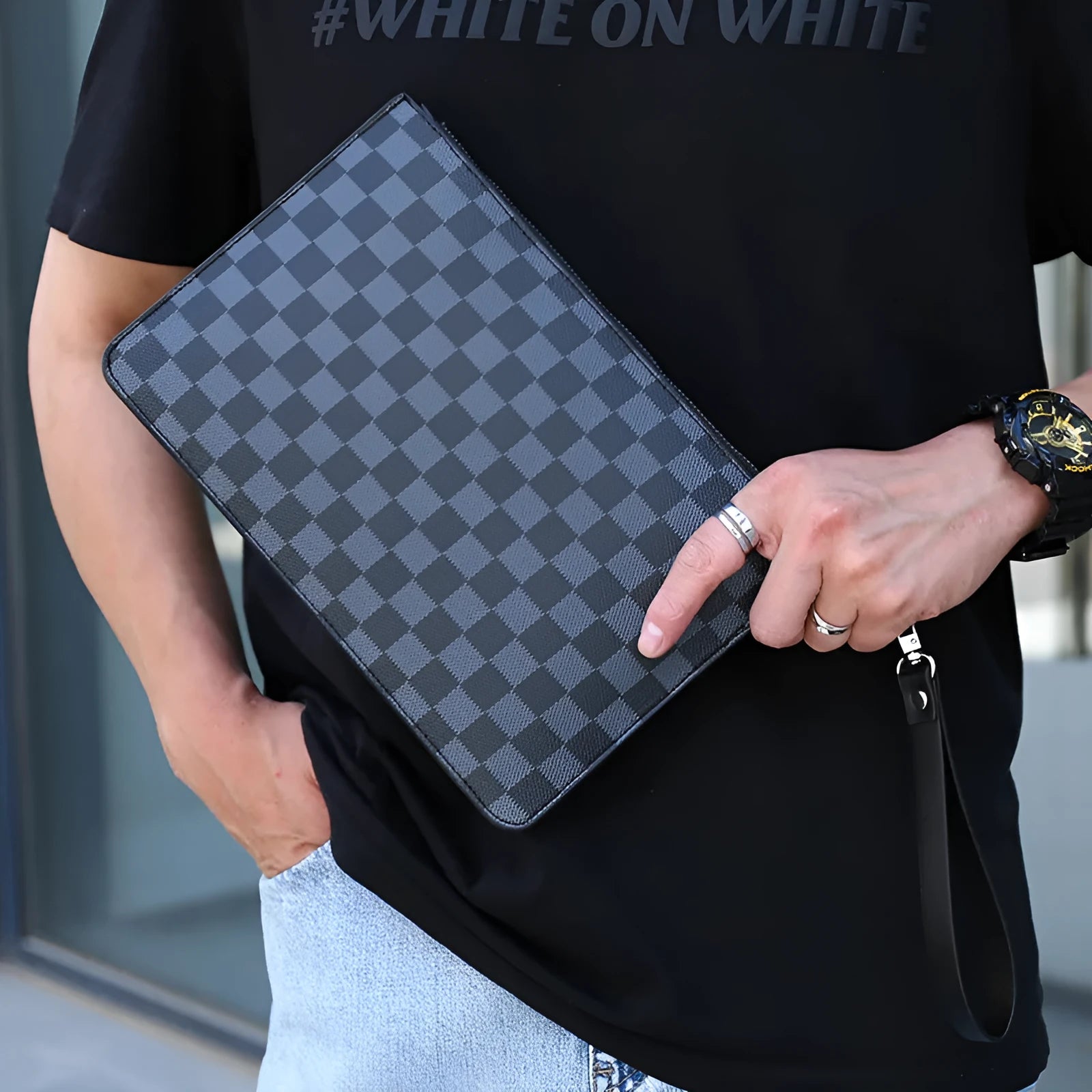 Men's soft PU leather clutch wallet showing card slots and checkered pattern