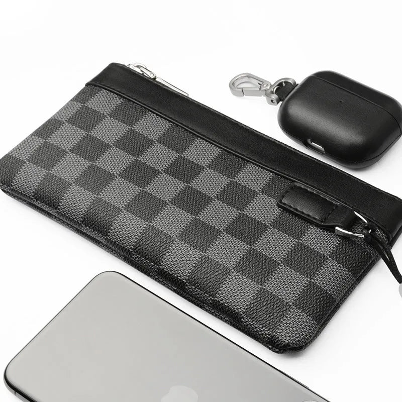 Men's black genuine cowhide leather clutch wallet showing front view, 20cm by 10cm in size.