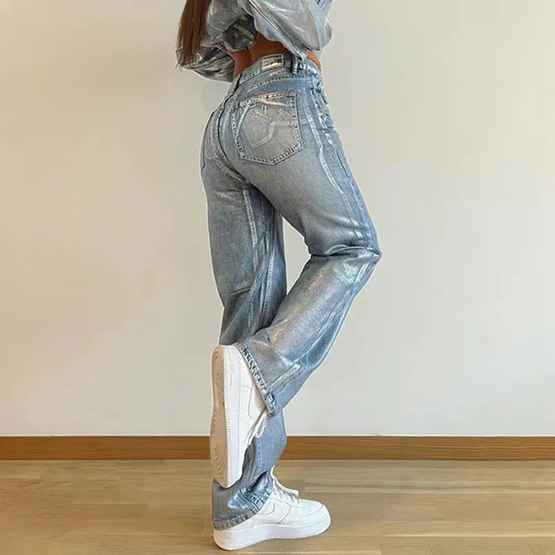 Washed blue high waist straight leg jeans with contrast stitching detail