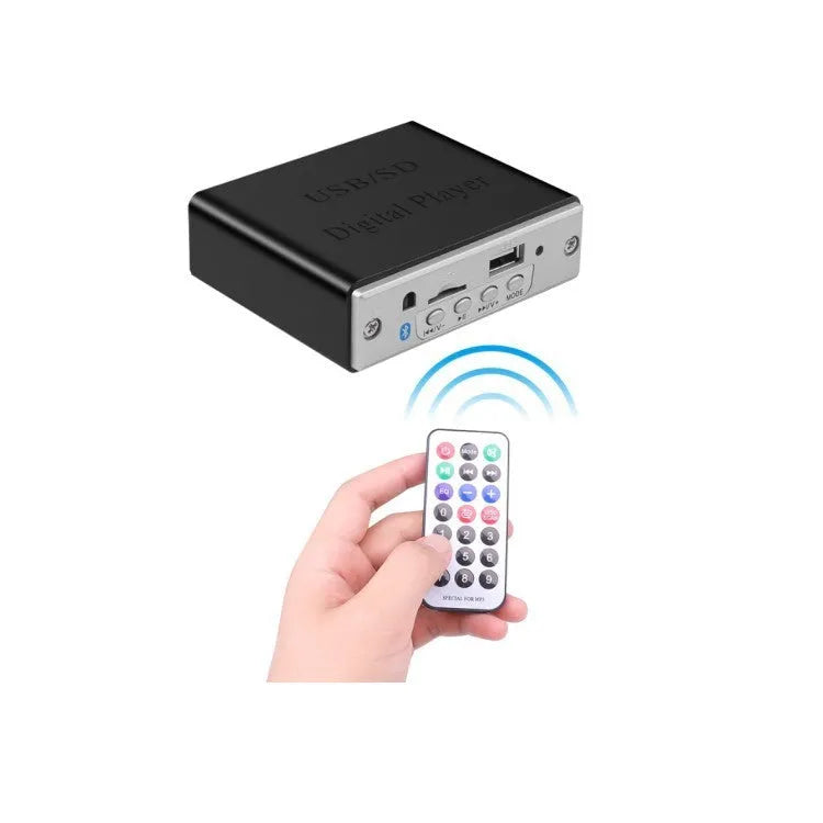 White 12V car Bluetooth MP3 decoder with TF card and USB ports, FM radio, and infrared remote control