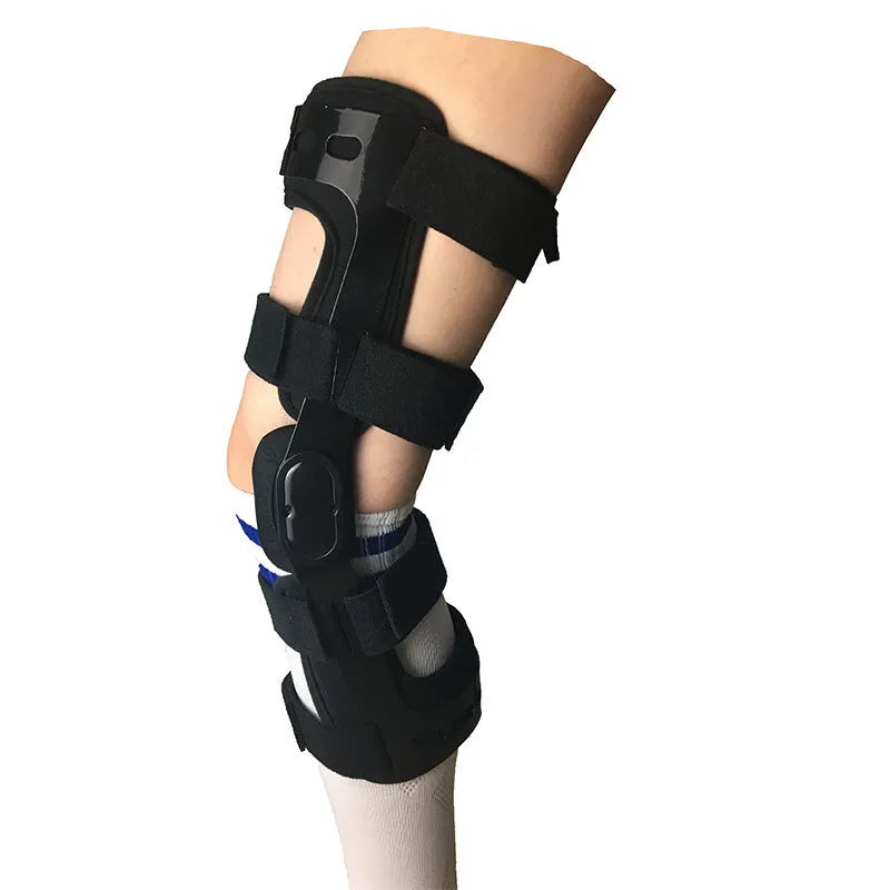 Black hinged knee brace for anterior ligament support, shown with left and right size tags.