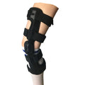 Black hinged knee brace for anterior ligament support, shown with left and right size tags.