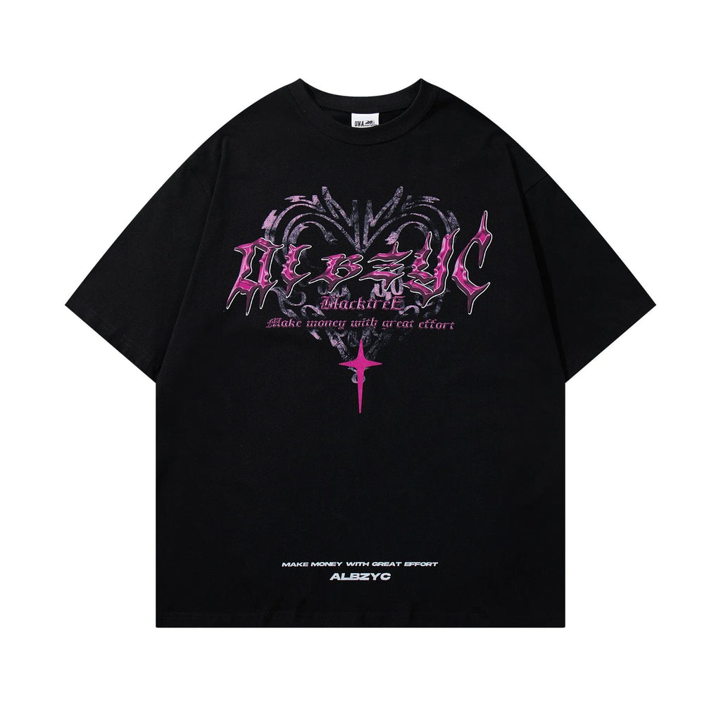 Men's retro printed cotton t-shirt in white or black with loose fit and short sleeves