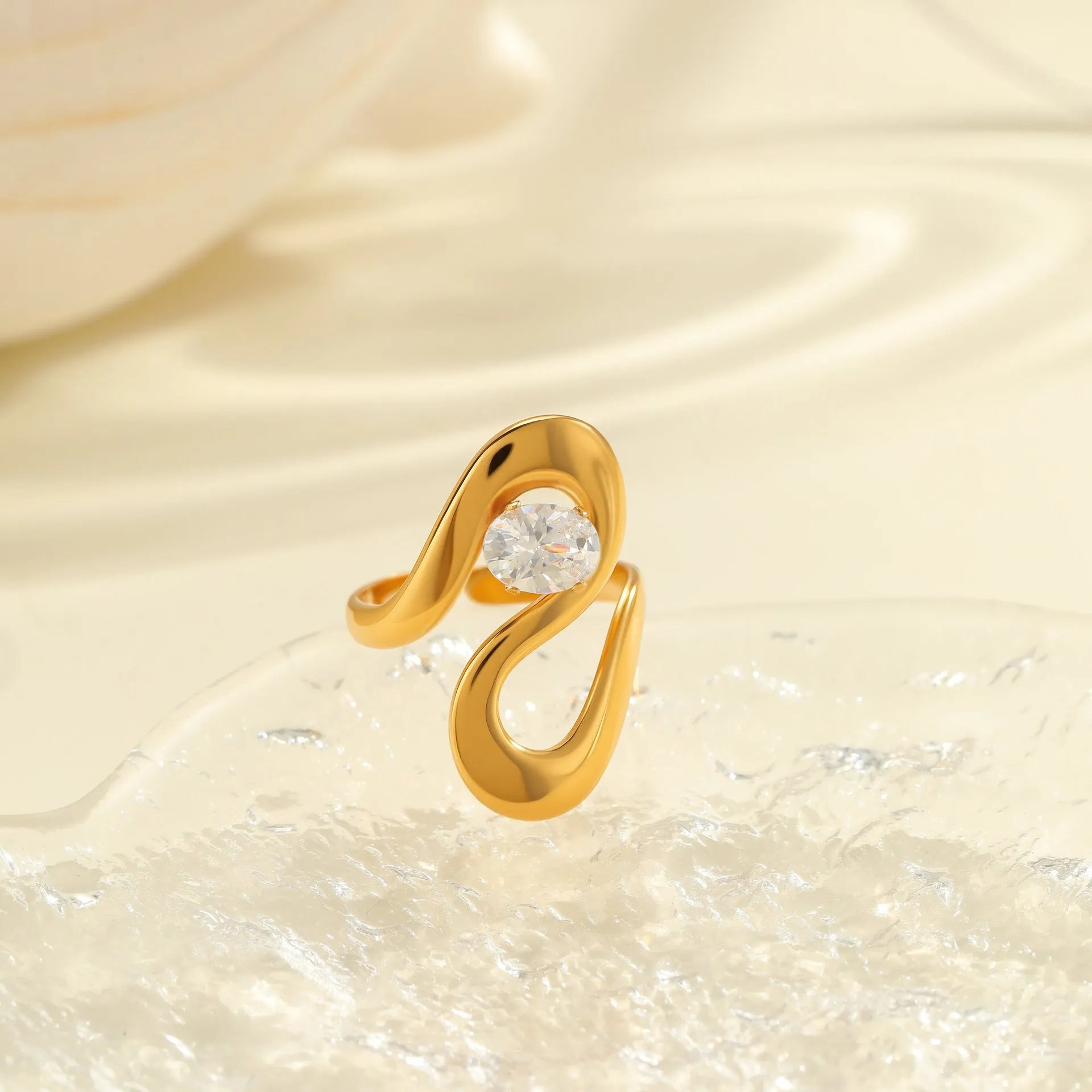 Geometric open mouth zircon fashion ring in stainless steel, showing adjustable design.