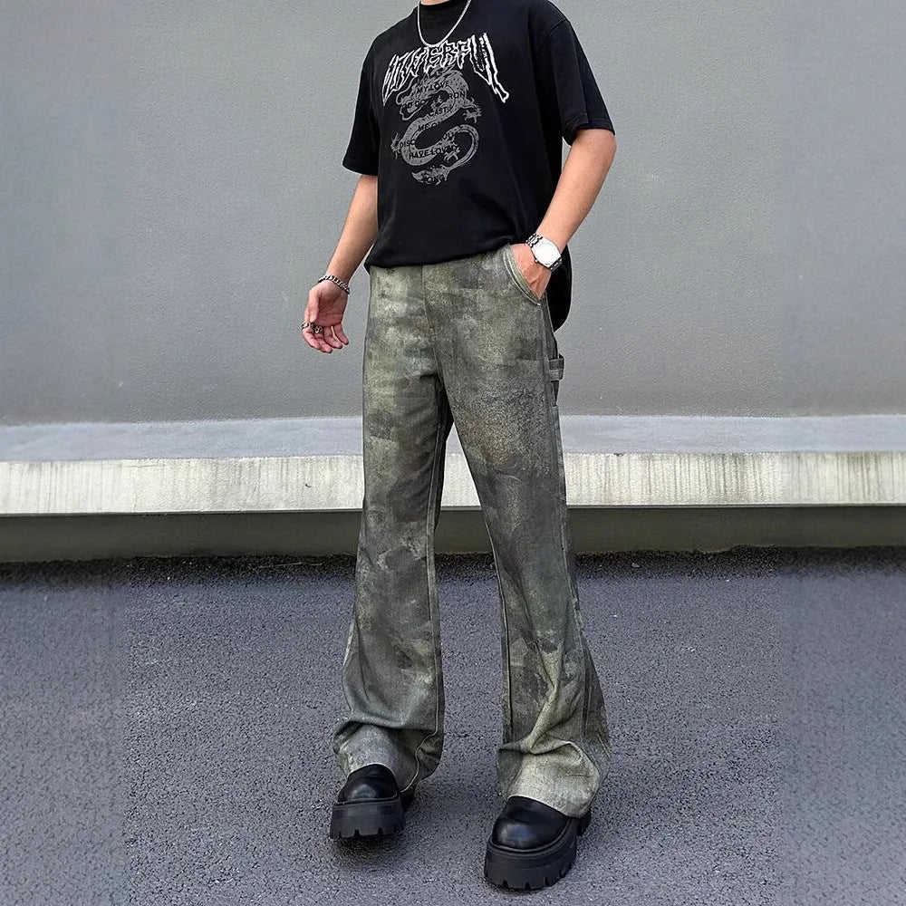 Men's straight leg jeans with a digital camouflage pattern in a retro style, shown in mid waist fit.