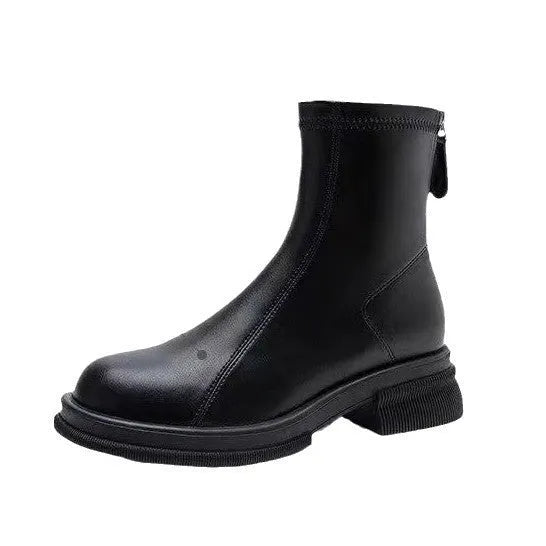 Women's black ankle boots with thick flat heel, round toe and back zipper