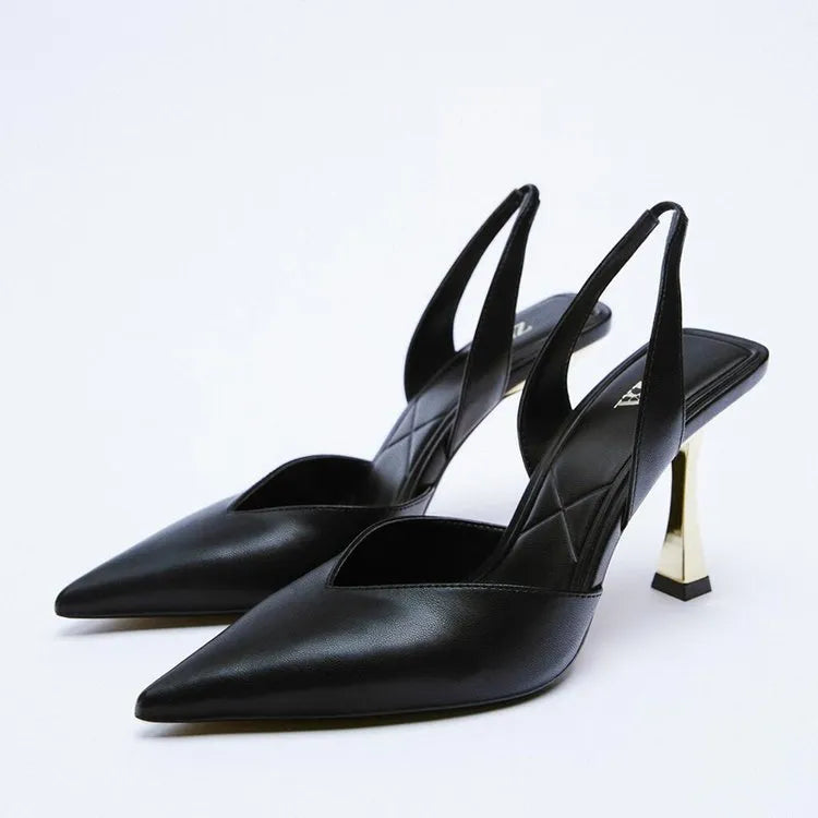 Women's patent leather pointed high heels in apricot colour with shallow open mouth design