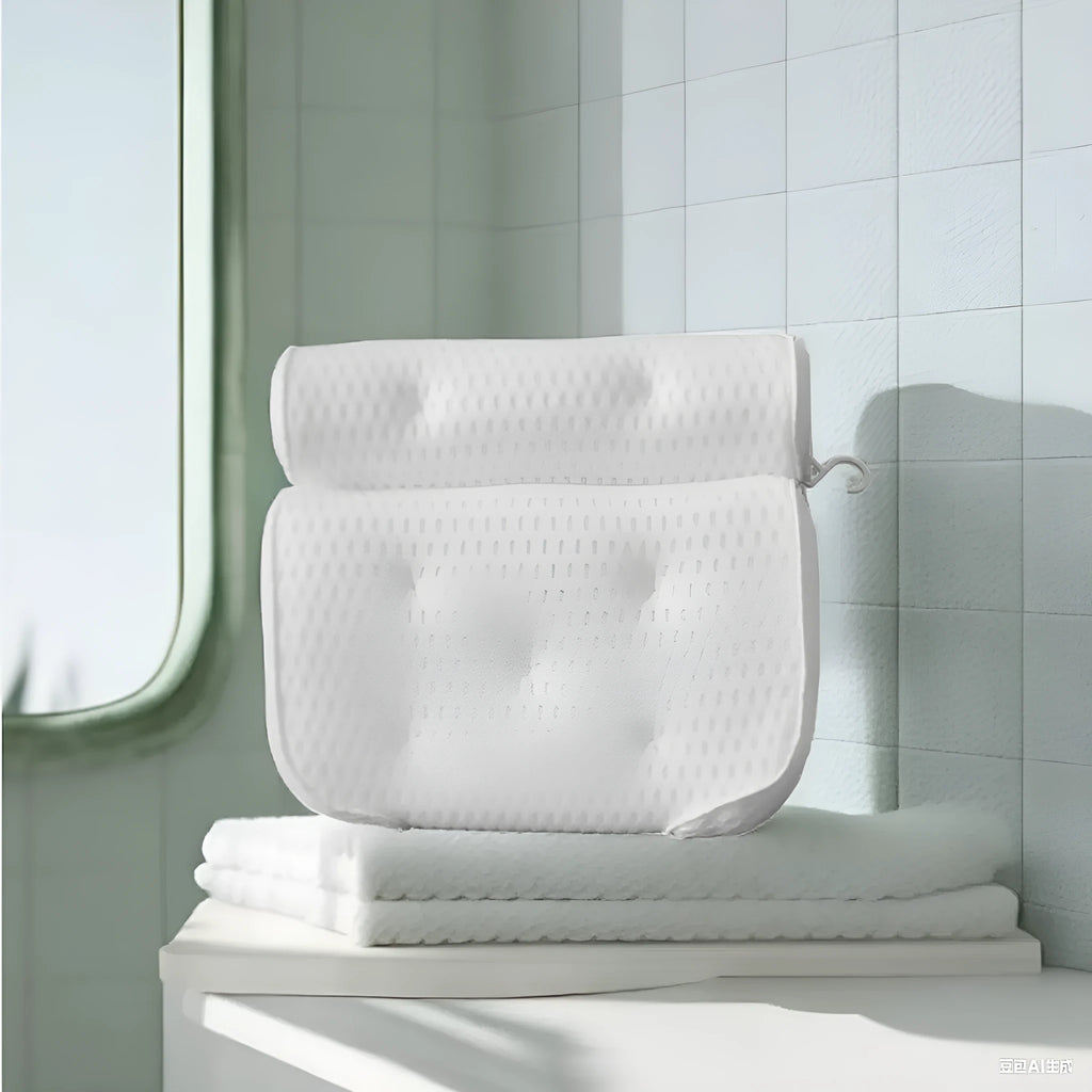 White rectangular bathtub pillow with a textured 3D mesh surface and large white suction cups on the back.