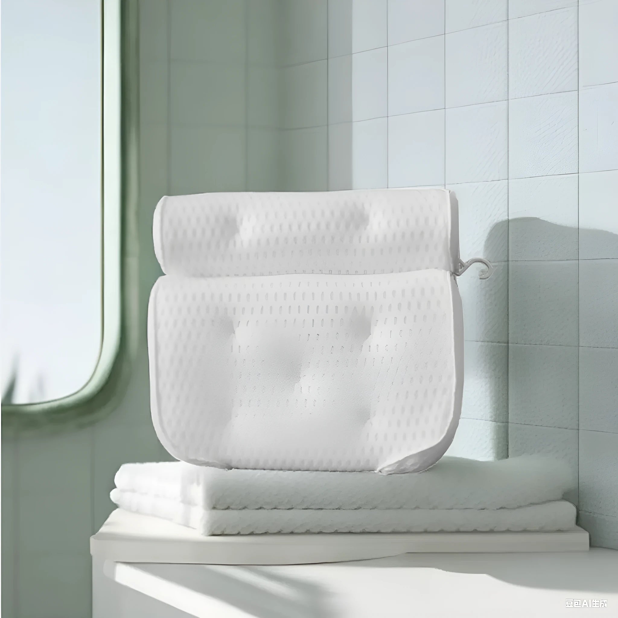 White rectangular bathtub pillow with a textured 3D mesh surface and large white suction cups on the back.