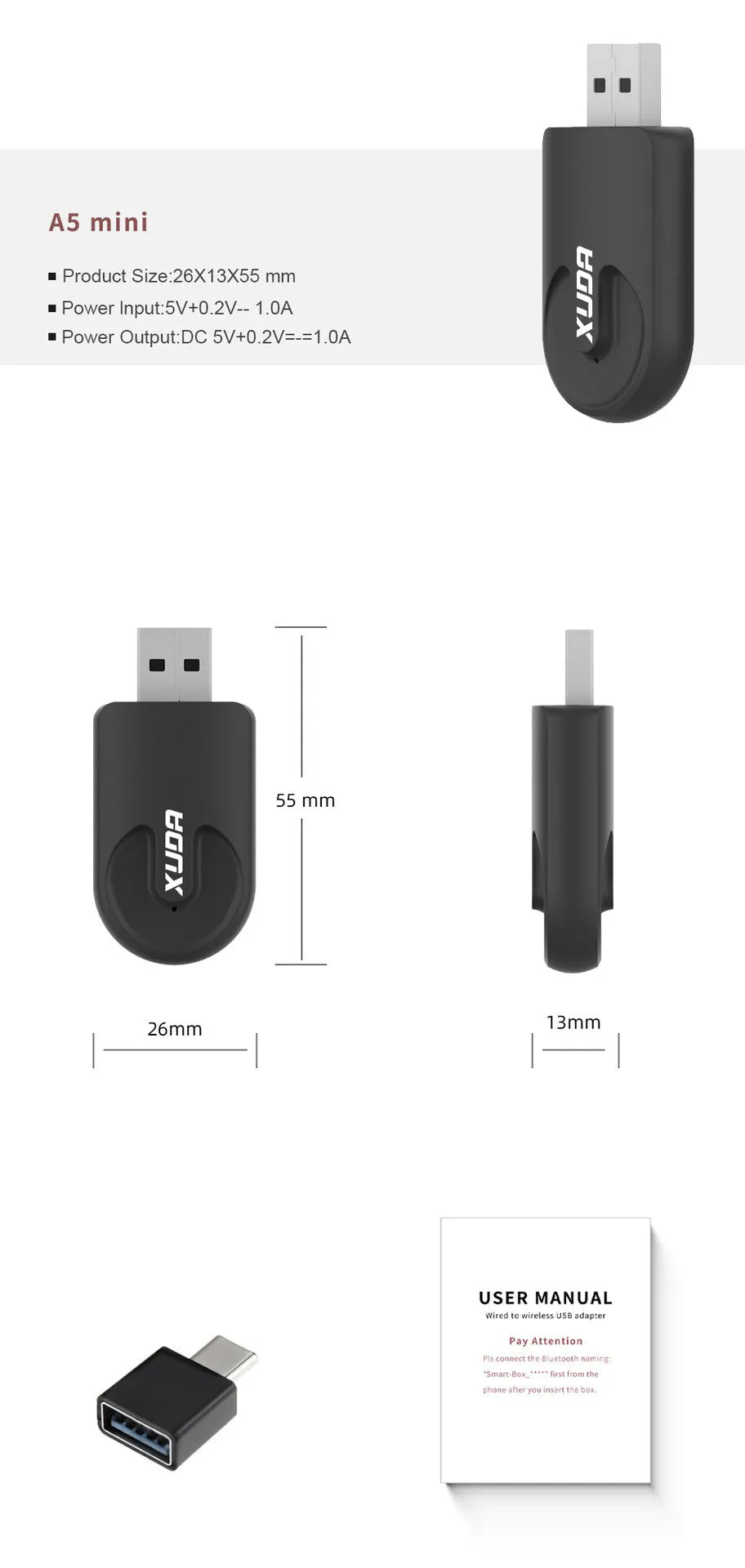 Black mini wireless CarPlay USB interface adapter measuring 26×55×13 mm