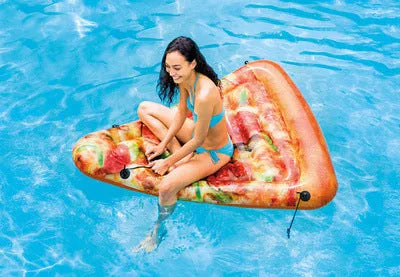 Colourful pizza inflatable surfboard recliner floating in pool