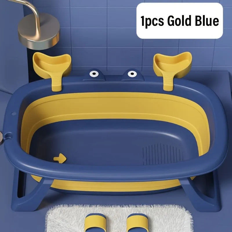 Blue foldable portable pet tub for washing a small dog or cat.