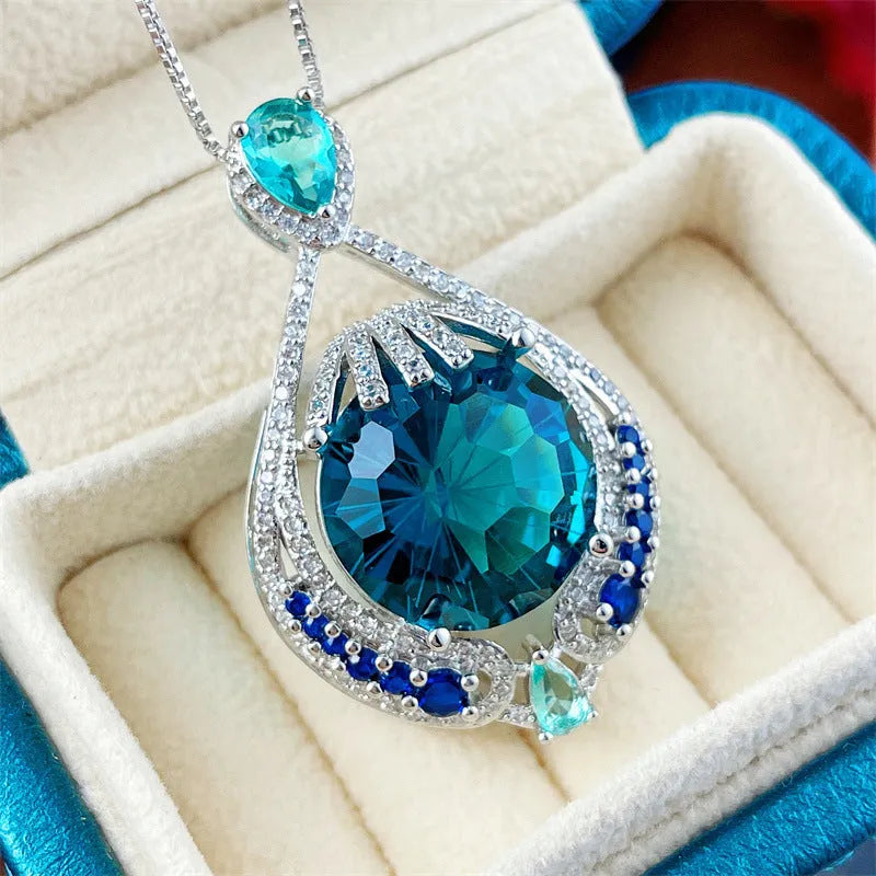 Geometric blue crystal pendant necklace with water wave chain for women