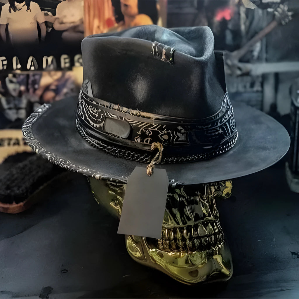 Handmade wool felt skull hat with conical crown design in skull colour for Halloween costume accessory