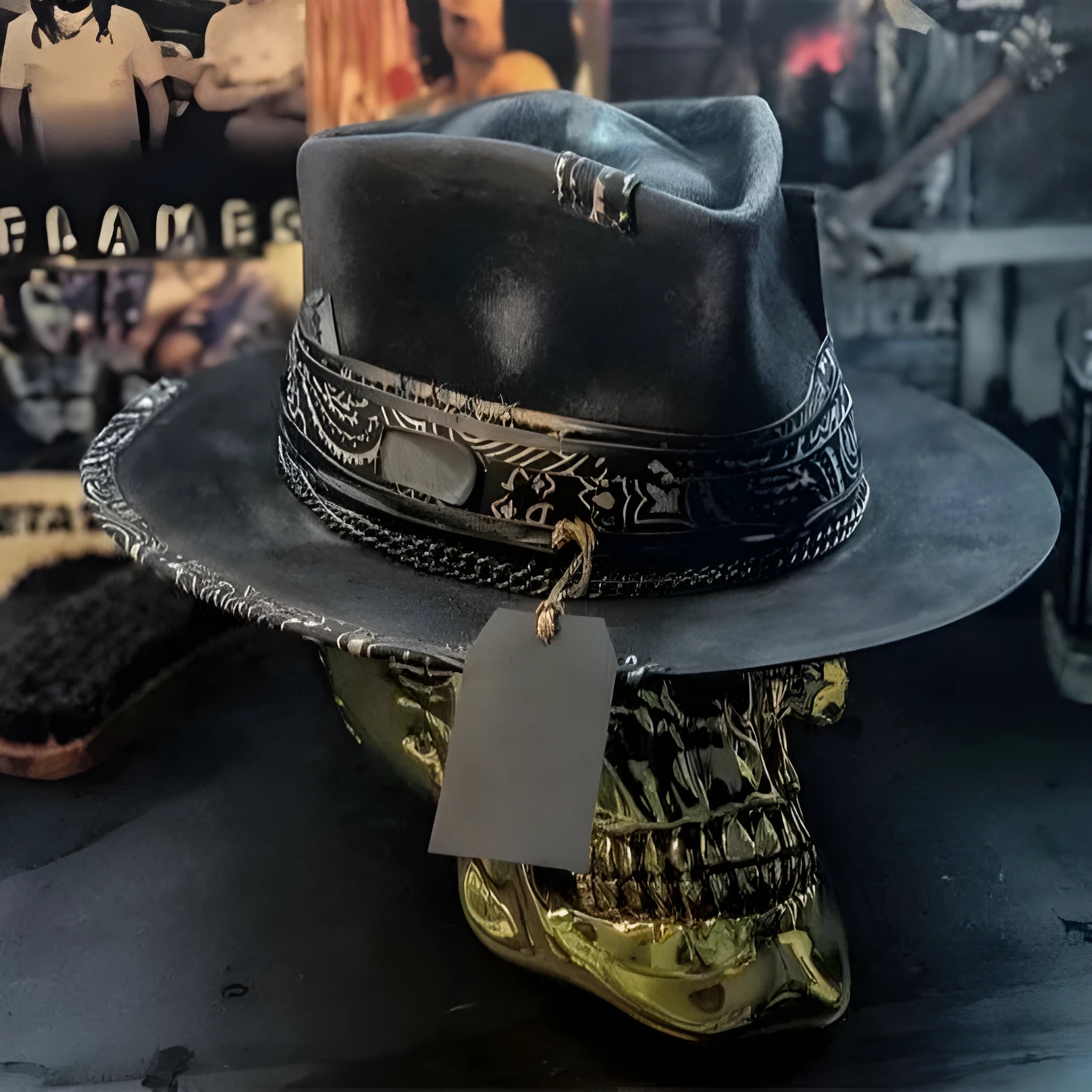 Handmade wool felt skull hat with conical crown design in skull colour for Halloween costume accessory