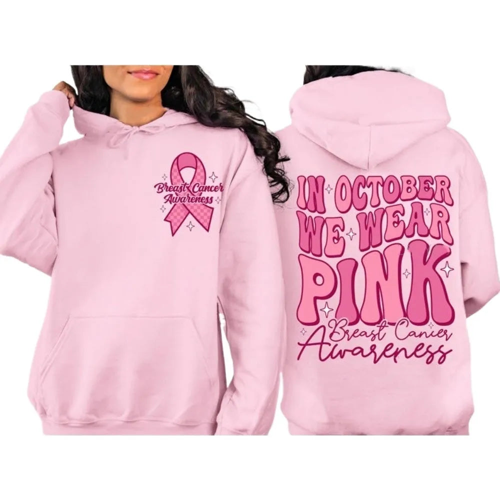 Breast Cancer Awareness pullover hoodie with retro art print and side seam pocket