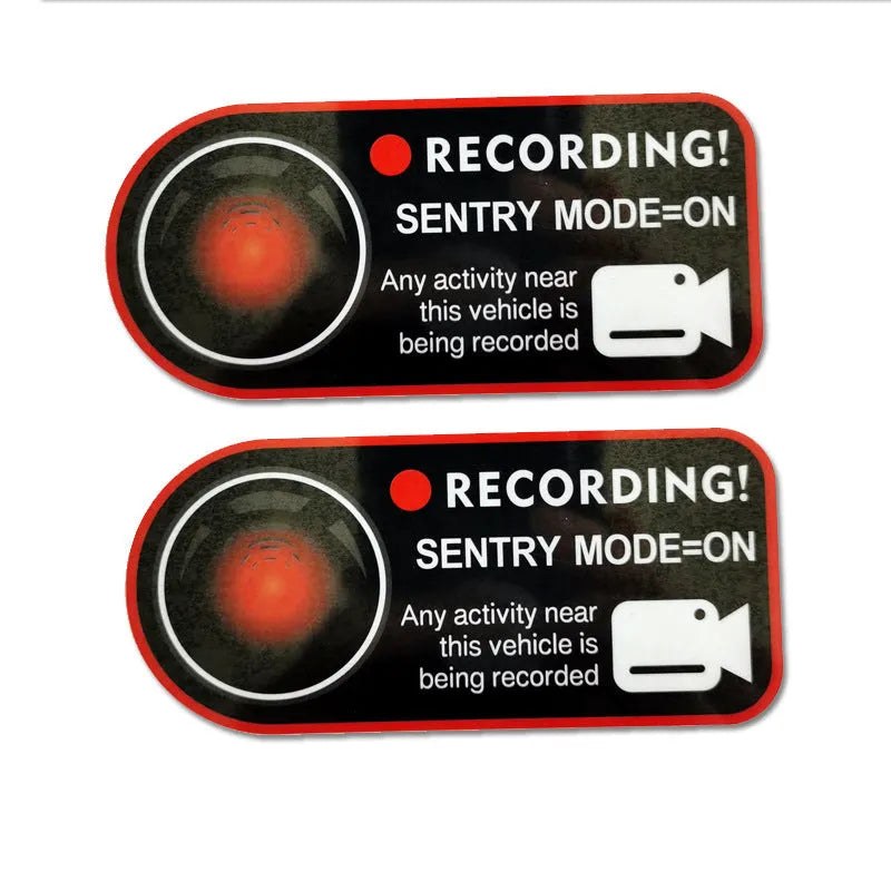 Pair of PVC electrostatic Sentry Mode warning stickers for Tesla, size 11x5cm, English text