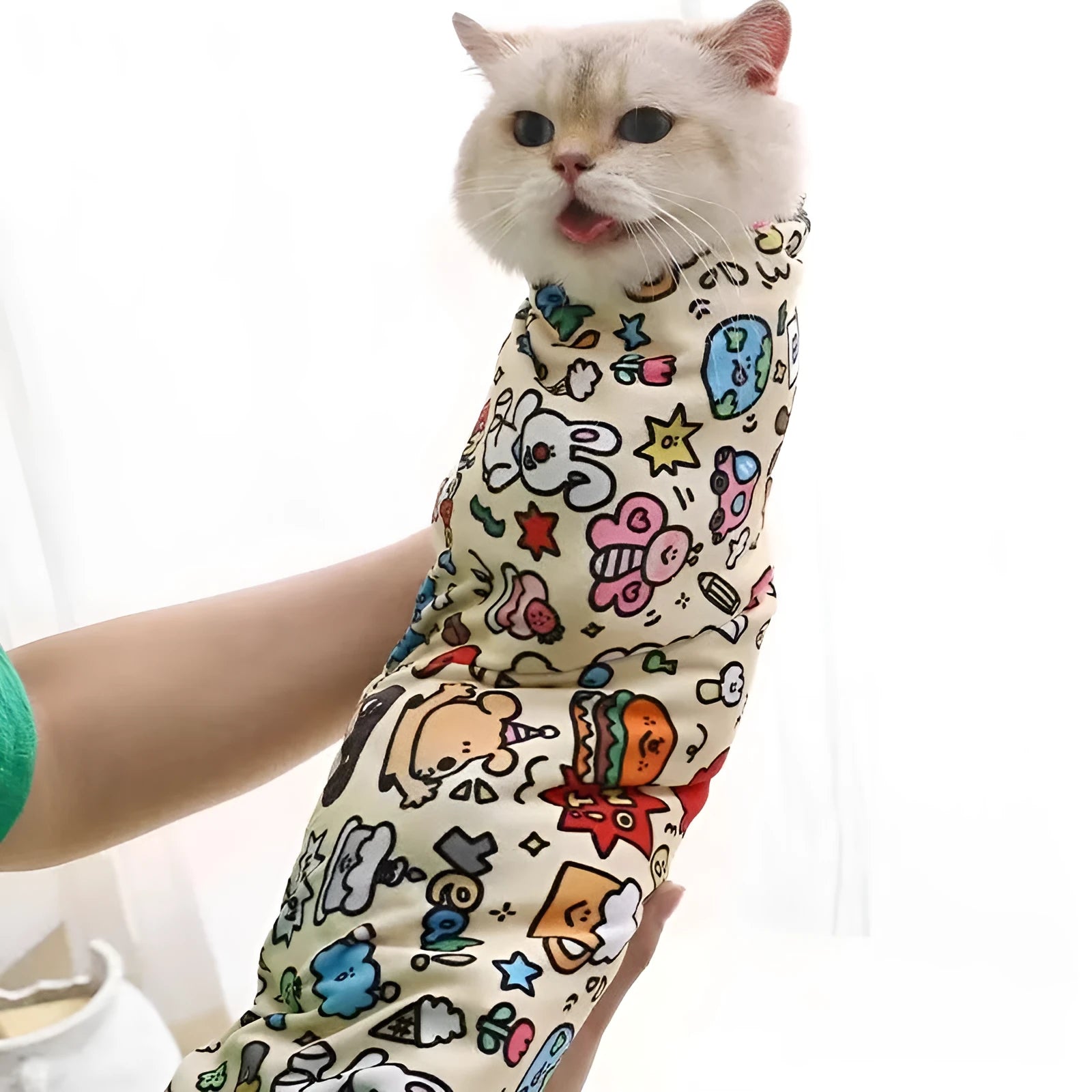 Colourful cartoon cat printed nylon cosmetic bag with zip closure in three size options