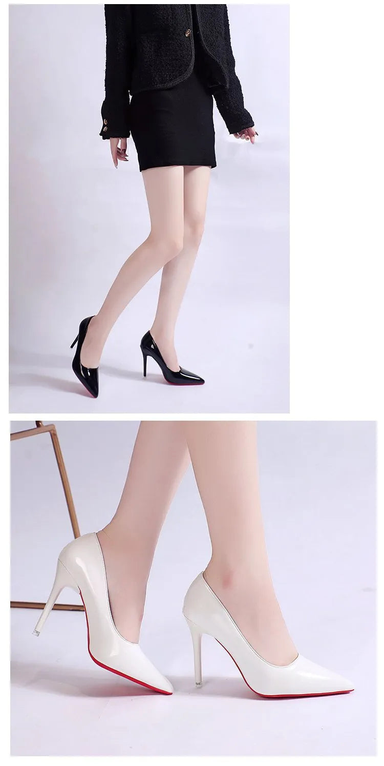 Women's black pointed toe stiletto pump with a shallow cut, shown on a white background.