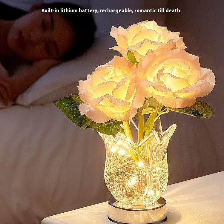 Crystal flowers touch dimmable table lamp with USB charging cable on bedside table