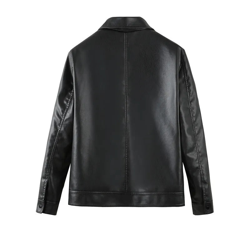 Men's black PU leather casual jacket with zip pockets and a loose fit on a hanger.