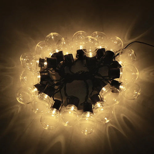 10 metre solar decorative string lights with 40 LED bulbs on black wire for outdoor tent decoration