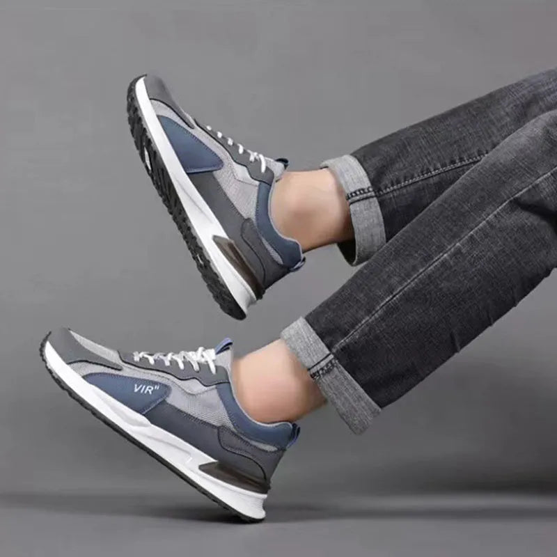 Men's colour block mesh lace-up running shoes in black, grey, or white with low-top round toe.