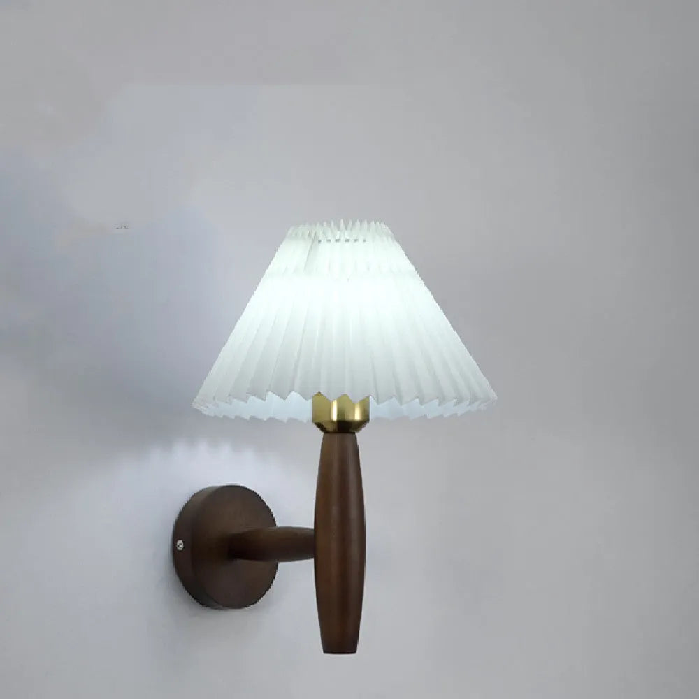 American retro wall lamp with walnut wood finish and fabric lampshade in tri-colour lighting option