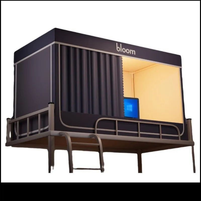 Grey integrated bed curtains with mosquito net showing five-side light blocking design for 0.9 metre beds