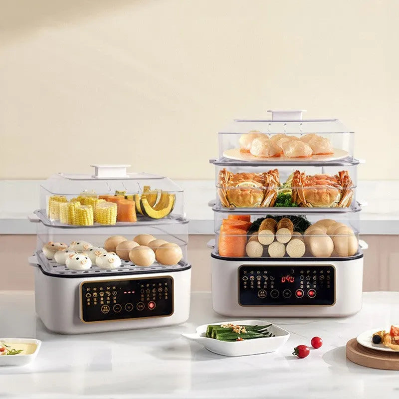 Stainless steel electric steamer appliance with 28-litre capacity and digital display