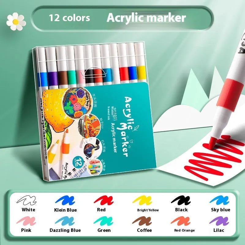 Acrylic marker pen set showing multicoloured plastic markers arranged by colour