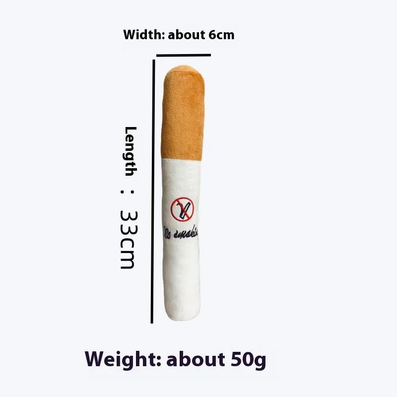 White plush cigarette shaped pet toy with squeaky sounder for cats and dogs