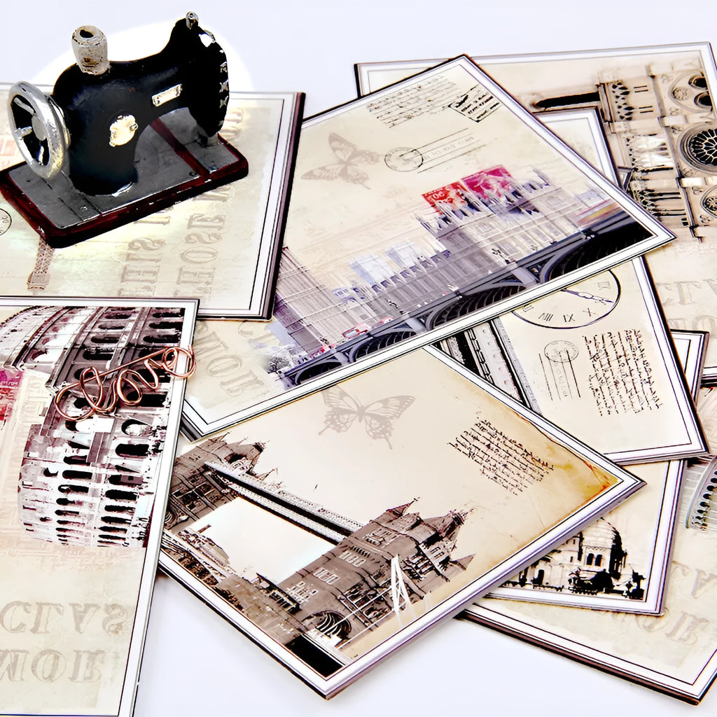 Nine retro Paris tower postcards with minimalist cartoon artwork in Japanese style designs