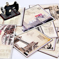 Nine retro Paris tower postcards with minimalist cartoon artwork in Japanese style designs
