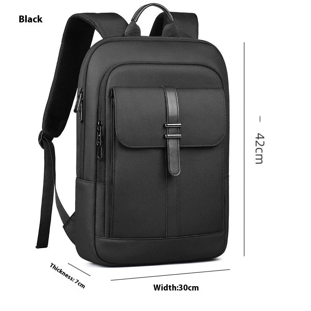 Black lightweight Oxford cloth backpack with urban simple style and polyester lining.
