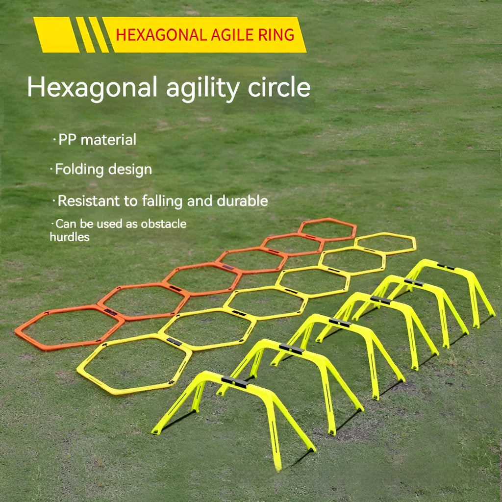 Set of six yellow, green, and orange foldable hexagonal football agility training rings laid flat.