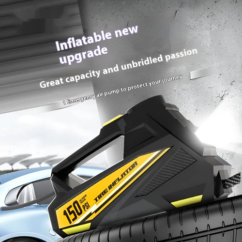 Black portable electric tyre inflator with digital display and LED light