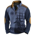 Men's long sleeve polo shirt with retro colour printing and striped pattern on bird eye cloth fabric.