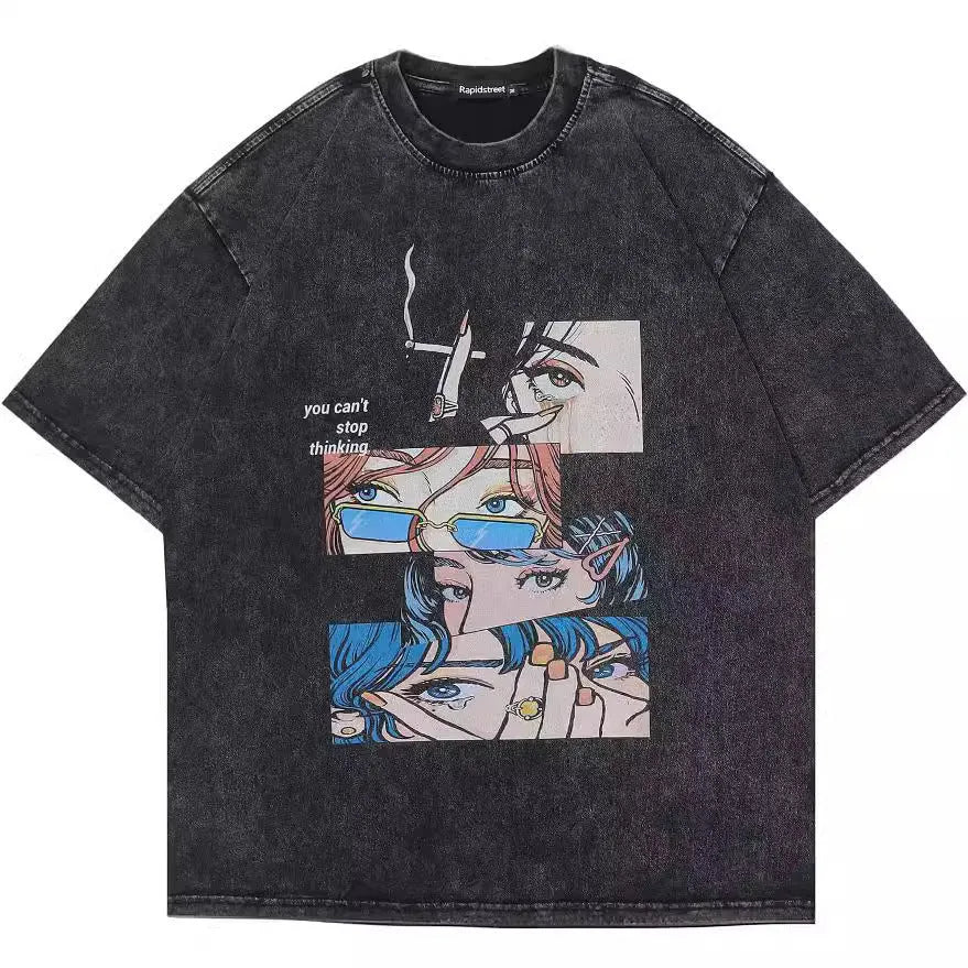 Men's loose fit retro cartoon print t-shirt in washed black with pure cotton fabric