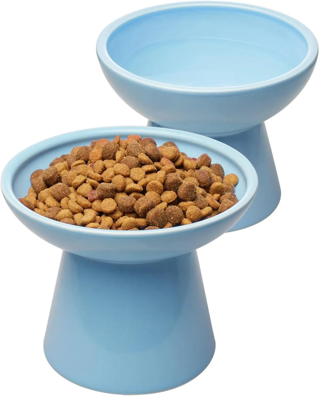 Ceramic elevated cat food bowl in blue, showing wide shallow dish on raised base.