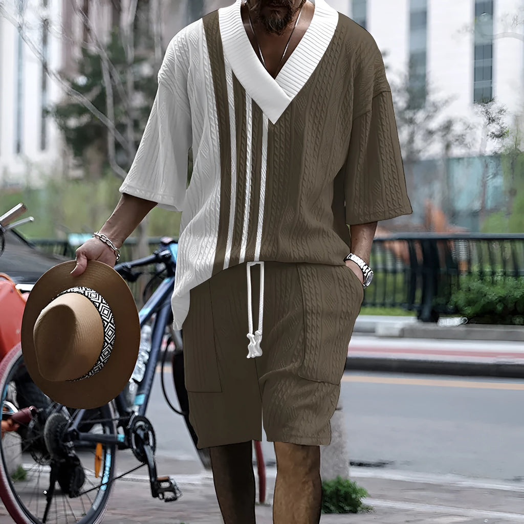 Men's printed drop-shoulder knitted shorts suit with short sleeve top and matching lounge shorts
