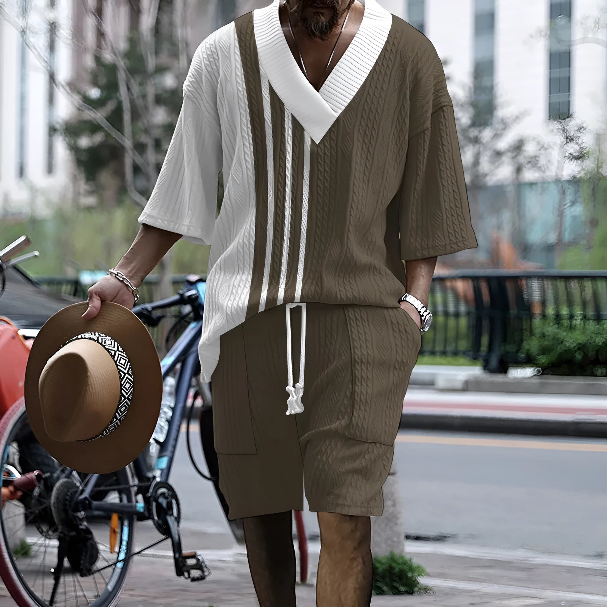 Men's printed drop-shoulder knitted shorts suit with short sleeve top and matching lounge shorts
