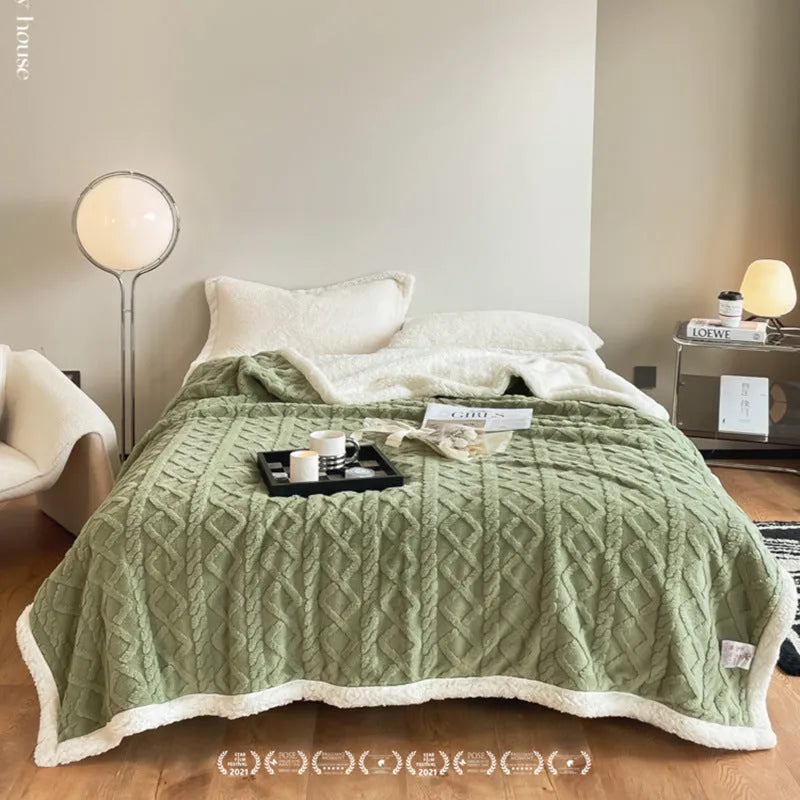 Polyester winter thermal blanket in beige colour, sized 180x200 cm, on a bed.