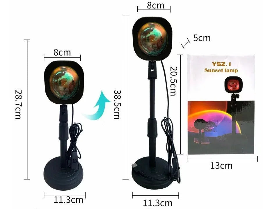 USB rechargeable sunset projection lamp showing rainbow light projection in sunset red colour