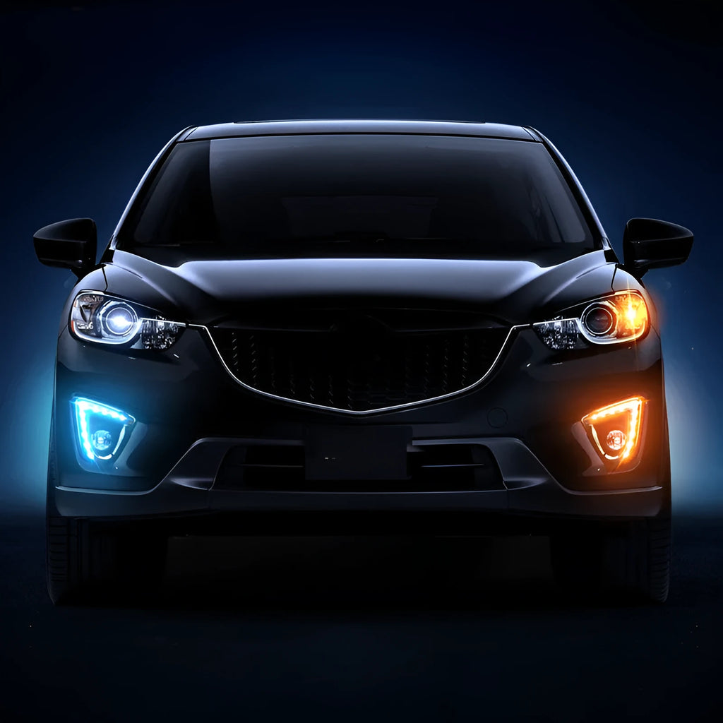 Pair of LED daytime running lights for Mazda CX-5 with electroplated housing.