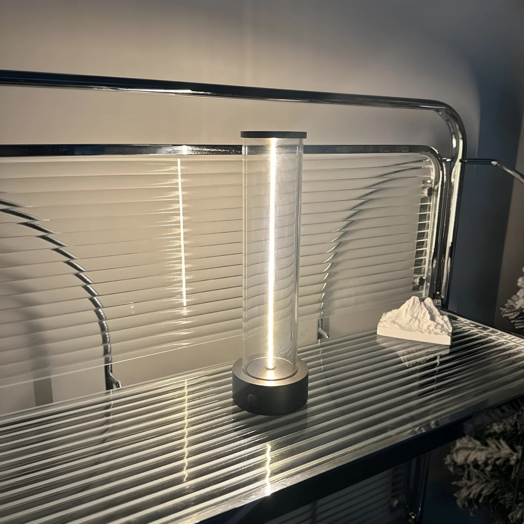Modern glass USB-charged LED light strip with magnetic adhesive backing, shown at 53mm wide by 234mm high.