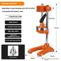Stainless steel manual vertical juicer with zinc alloy parts and selectable head styles on a kitchen counter.